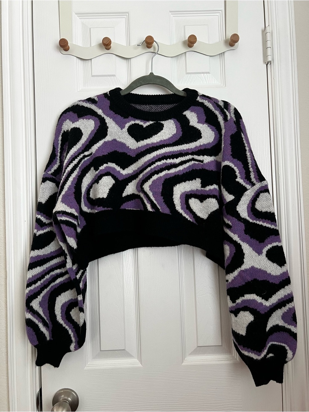 Purple and Black Heart Crop Patterned Sweater